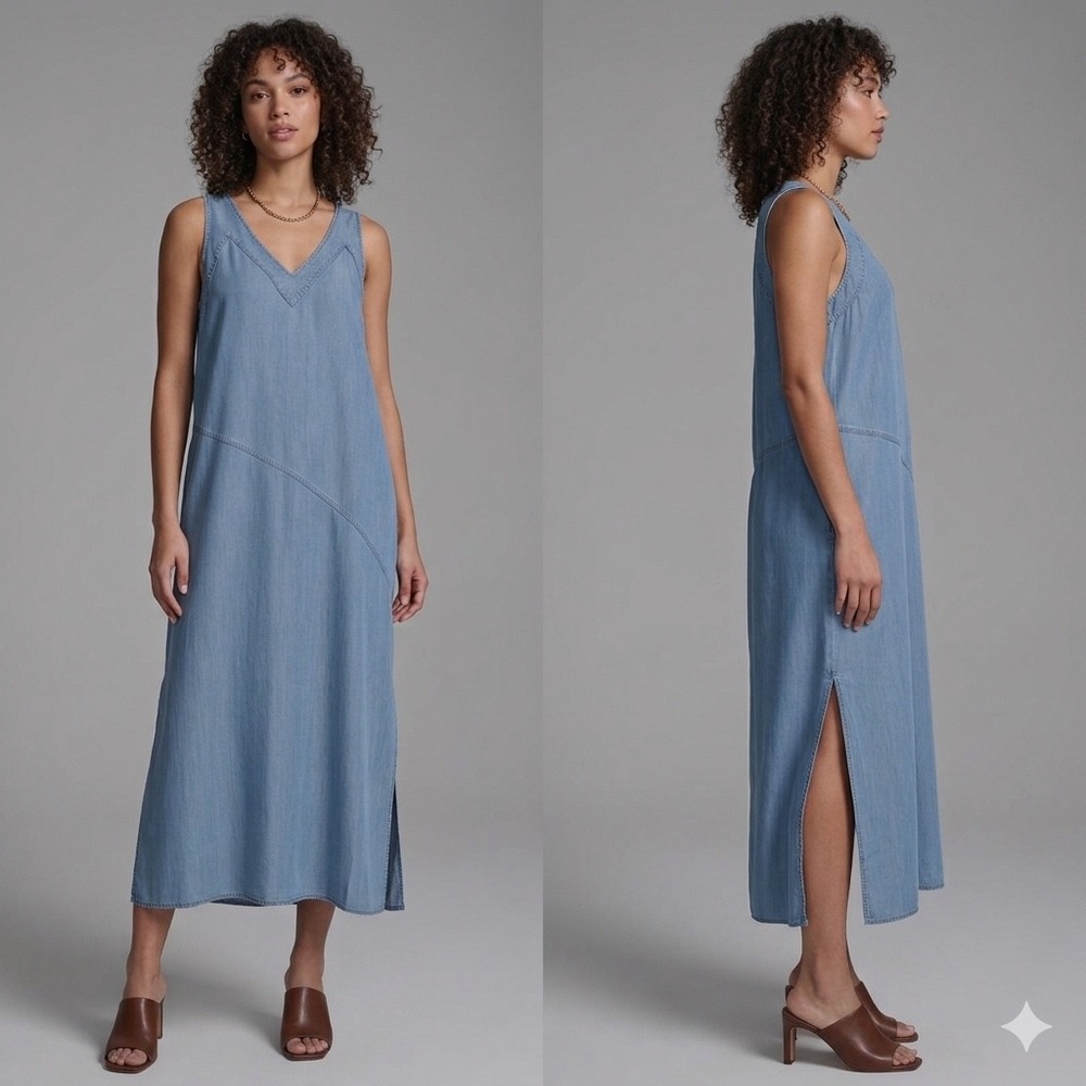DKNY Denim Look Midi Dress Size M Light Wash Lyocell V-Neck Shift Minimalist